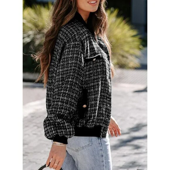 Womens Black Fashion Plaid Jacket 2024 Fall Winter Button Short Cropped Trendy